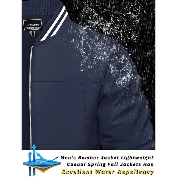 ❤️ Men's Bomber Jacket Lightweight Casual Spring Fall Windbreaker Zip Coat Navy - Picture 2 of 8